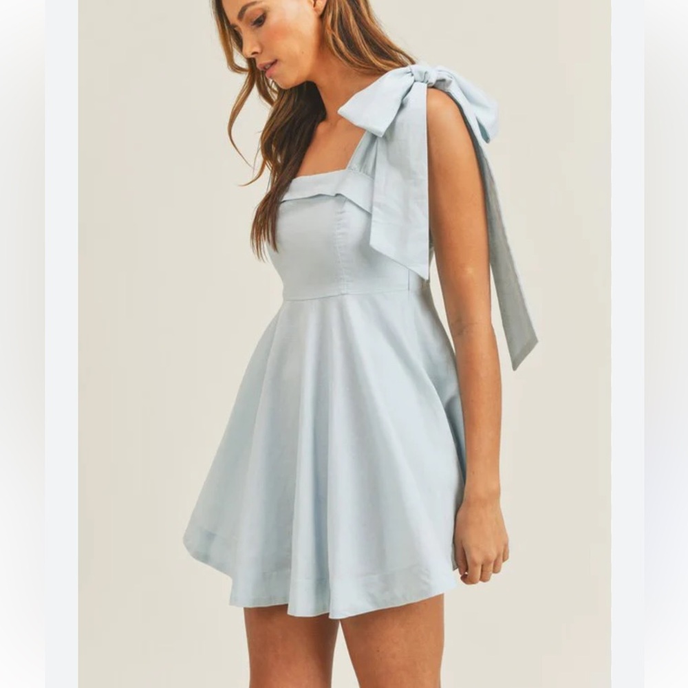 Mable Bow Tie Ribbon Strap Linen Blend Light Blue Sleeveless Flare Mini Dress M